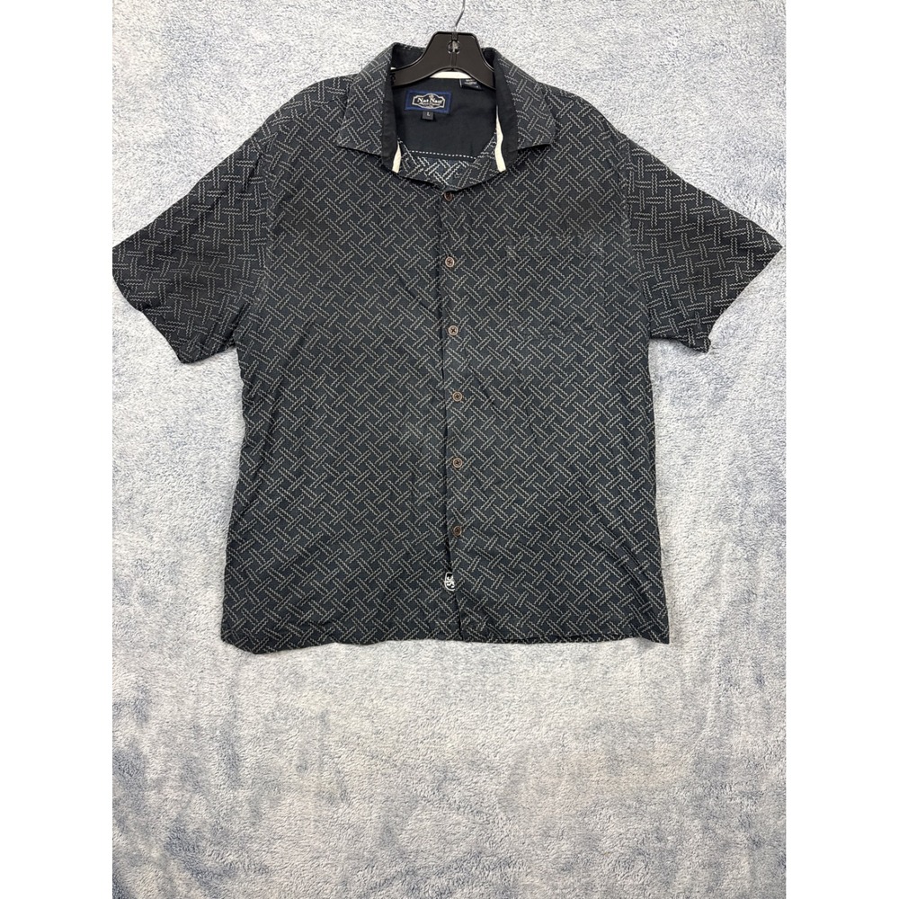 Nat Nast Mens L Black Silk Cotton Button Down Geometric Embroidered Camp Shirt
